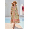 image:imageRVivimos Womens Long Sleeve Boho Midi Dress V Neck Floral Print Casual Button Down Loose Ruffle Beach Long Dress with BeltTender Green