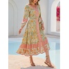 image:imageRVivimos Womens Long Sleeve Boho Midi Dress V Neck Floral Print Casual Button Down Loose Ruffle Beach Long Dress with BeltTender Green