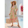 image:imageRVivimos Womens Long Sleeve Boho Midi Dress V Neck Floral Print Casual Button Down Loose Ruffle Beach Long Dress with BeltTender Green