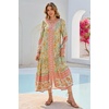 image:imageRVivimos Womens Long Sleeve Boho Midi Dress V Neck Floral Print Casual Button Down Loose Ruffle Beach Long Dress with BeltTender Green
