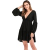image:imageRVivimos Womens Long Sleeve Cotton Ruffles Deep V Neck Backless Casual Swing Mini DressesBlack