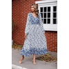 image:imageRVivimos Womens Long Sleeve Cotton VNeck Button Up Floral Print Boho Flowy Midi DressesWhiteblue