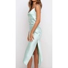 image:imageRVivimos Womens Satin Dress Spaghetti Straps Side Slit Cowl Neck Irregular Hem Midi DressMintgreen