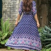 image:imageRVivimos Womens Summer Boho Button Up V Neck Floral Print Roll Up Causal Split Beach Midi DressesDark Blue