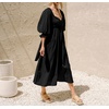 image:imageRVivimos Womens Summer Boho Cotton Puff Sleeve Dress Swiss Dots Lace Up Smocked Casual ALine Flowy Midi DressBlack