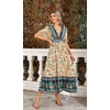 image:imageRVivimos Womens Summer Boho Floral Print Midi Dress Short Sleeve Deep V Neck Empire Waist Flowy Beach Dress with PocketsBeige