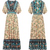 image:imageRVivimos Womens Summer Boho Floral Print Midi Dress Short Sleeve Deep V Neck Empire Waist Flowy Beach Dress with PocketsBeige