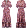 image:imageRVivimos Womens Summer Boho Floral Print Midi Dress Short Sleeve Deep V Neck Empire Waist Flowy Beach Dress with PocketsWinered