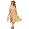 image:imageRVivimos Womens Summer Casual Midi Dress Lantern Sleeve Tie V Neck Boho Floral Print Loose Fit Flowy Long DressesYellow