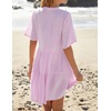 image:imageRVivimos Womens Summer Cotton Flowy Mini Dress V Neck Short Sleeve Boho Ruffle Tiered Casual Loose Tunic DressLavender
