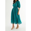 image:imageRVivimos Womens Summer Cotton Half Sleeve Eyelet Embroidery Elastic Waist Button Down Casual Shirt Midi Dress with PocketsDark Green