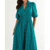 image:imageRVivimos Womens Summer Cotton Half Sleeve Eyelet Embroidery Elastic Waist Button Down Casual Shirt Midi Dress with PocketsDark Green