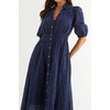 image:imageRVivimos Womens Summer Cotton Half Sleeve Eyelet Embroidery Elastic Waist Button Down Casual Shirt Midi Dress with PocketsNavy Blue