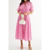 image:imageRVivimos Womens Summer Cotton Half Sleeve Eyelet Embroidery Elastic Waist Button Down Casual Shirt Midi Dress with PocketsPink