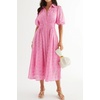 image:imageRVivimos Womens Summer Cotton Half Sleeve Eyelet Embroidery Elastic Waist Button Down Casual Shirt Midi Dress with PocketsPink
