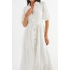 image:imageRVivimos Womens Summer Cotton Half Sleeve Eyelet Embroidery Elastic Waist Button Down Casual Shirt Midi Dress with PocketsWhite