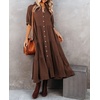 image:imageRVivimos Womens Summer Cotton Half Sleeves Button Down Casual Loose Slit Midi Dress with PocketsBrown