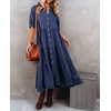 image:imageRVivimos Womens Summer Cotton Half Sleeves Button Down Casual Loose Slit Midi Dress with PocketsNavyblue