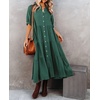 image:imageRVivimos Womens Summer Cotton Half Sleeves Button Down Casual Loose Slit Midi Dress with PocketsPine Green