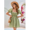 image:imageRVivimos Womens Summer Cotton Short Sleeve Square Neck Elastic Smocked Ruffle Floral Print Swing Mini DressArmy Green