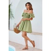 image:imageRVivimos Womens Summer Cotton Short Sleeve Square Neck Elastic Smocked Ruffle Floral Print Swing Mini DressArmy Green