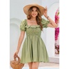 image:imageRVivimos Womens Summer Cotton Short Sleeve Square Neck Elastic Smocked Ruffle Floral Print Swing Mini DressArmy Green