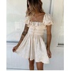 image:imageRVivimos Womens Summer Cotton Short Sleeve Square Neck Elastic Smocked Ruffle Floral Print Swing Mini DressBeige