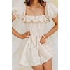 image:imageRVivimos Womens Summer Cotton Short Sleeve Square Neck Elastic Smocked Ruffle Floral Print Swing Mini DressBeige