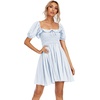 image:imageRVivimos Womens Summer Cotton Short Sleeve Square Neck Elastic Smocked Ruffle Floral Print Swing Mini DressLightblue