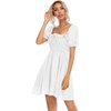 image:imageRVivimos Womens Summer Cotton Short Sleeve Square Neck Elastic Smocked Ruffle Floral Print Swing Mini DressWhite