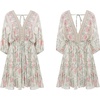 image:imageRVivimos Womens Summer Floral Dress 34 Sleeve Deep V Neck Boho Drawstring Backless Swing Mini DressBeige