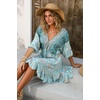 image:imageRVivimos Womens Summer Floral Dress 34 Sleeve Deep V Neck Boho Drawstring Backless Swing Mini DressBlueturquoise