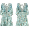 image:imageRVivimos Womens Summer Floral Dress 34 Sleeve Deep V Neck Boho Drawstring Backless Swing Mini DressBlueturquoise
