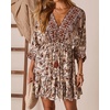 image:imageRVivimos Womens Summer Floral Dress 34 Sleeve Deep V Neck Boho Drawstring Backless Swing Mini DressCoffee Brown