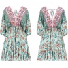 image:imageRVivimos Womens Summer Floral Dress 34 Sleeve Deep V Neck Boho Drawstring Backless Swing Mini DressLight Green