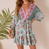 image:imageRVivimos Womens Summer Floral Dress 34 Sleeve Deep V Neck Boho Drawstring Backless Swing Mini DressLight Green
