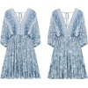 image:imageRVivimos Womens Summer Floral Dress 34 Sleeve Deep V Neck Boho Drawstring Backless Swing Mini DressLightblue