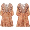 image:imageRVivimos Womens Summer Floral Dress 34 Sleeve Deep V Neck Boho Drawstring Backless Swing Mini DressOrange
