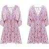 image:imageRVivimos Womens Summer Floral Dress 34 Sleeve Deep V Neck Boho Drawstring Backless Swing Mini DressPink