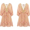 image:imageRVivimos Womens Summer Floral Dress 34 Sleeve Deep V Neck Boho Drawstring Backless Swing Mini DressPinkgold