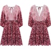 image:imageRVivimos Womens Summer Floral Dress 34 Sleeve Deep V Neck Boho Drawstring Backless Swing Mini DressRed