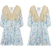 image:imageRVivimos Womens Summer Floral Dress 34 Sleeve Deep V Neck Boho Drawstring Backless Swing Mini DressSkyblue