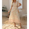 image:imageRVivimos Womens Summer Short Sleeve Floral Print Bohemian Beach Waist Tie Wrap Long Flowy Dress with SlitBeige