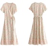 image:imageRVivimos Womens Summer Short Sleeve Floral Print Bohemian Beach Waist Tie Wrap Long Flowy Dress with SlitBeige