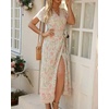 image:imageRVivimos Womens Summer Short Sleeve Floral Print Bohemian Beach Waist Tie Wrap Long Flowy Dress with SlitBeige