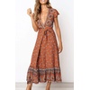 image:imageRVivimos Womens Summer Short Sleeve Floral Print Bohemian Beach Waist Tie Wrap Long Flowy Dress with SlitBurnt Orange