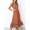 image:imageRVivimos Womens Summer Short Sleeve Floral Print Bohemian Beach Waist Tie Wrap Long Flowy Dress with SlitBurnt Orange