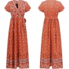 image:imageRVivimos Womens Summer Short Sleeve Floral Print Bohemian Beach Waist Tie Wrap Long Flowy Dress with SlitBurnt Orange