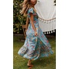 image:imageRVivimos Womens Summer Short Sleeve Floral Print Bohemian Beach Waist Tie Wrap Long Flowy Dress with SlitGreen