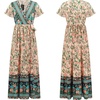 image:imageRVivimos Womens Summer Short Sleeve Floral Print Bohemian Beach Waist Tie Wrap Long Flowy Dress with SlitMulticolor1